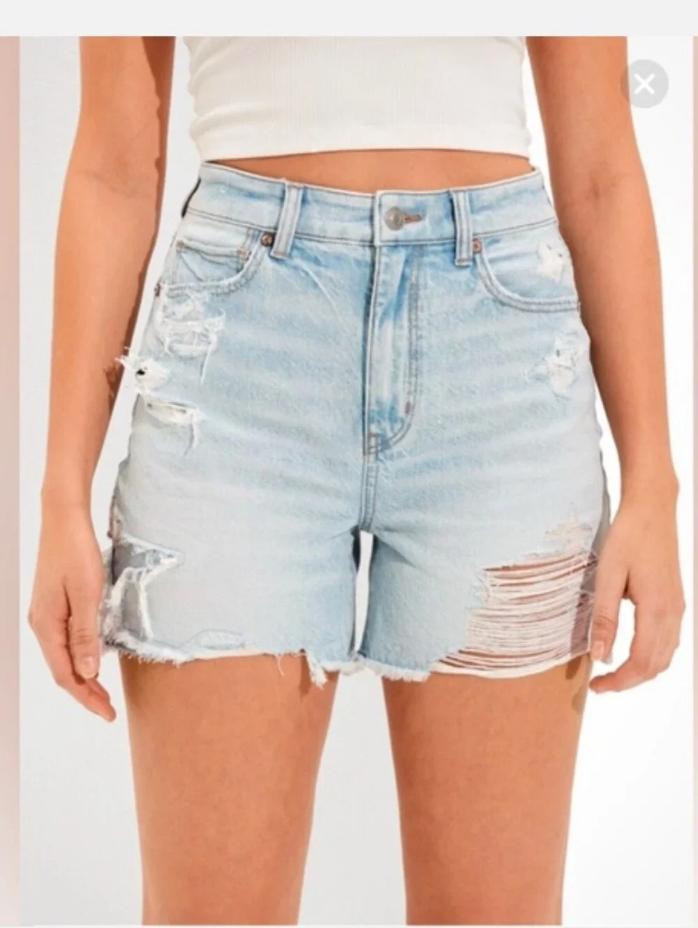 American Eagle Ripped Denim Baggy Mom Shorts in a light wash.